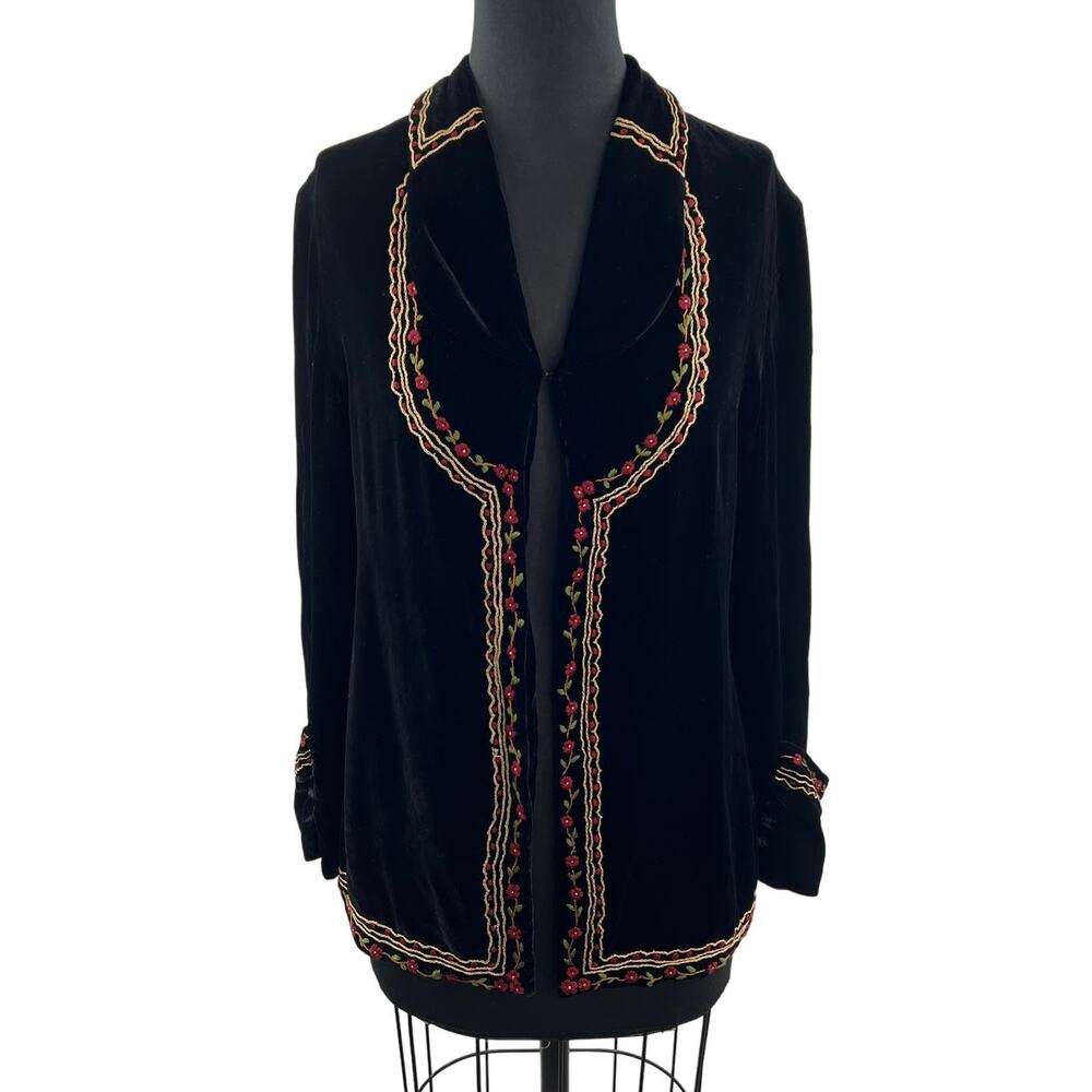 Vintage VIVIENNE TAM Velour Embroidered Jacket Black Floral Trim Long Sleeve
